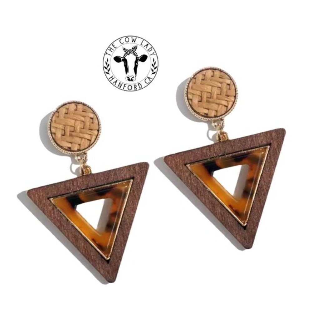 Retro Mid Century Modern Boho Straw Wood Earrings Resin Rattan Jewelry NWT